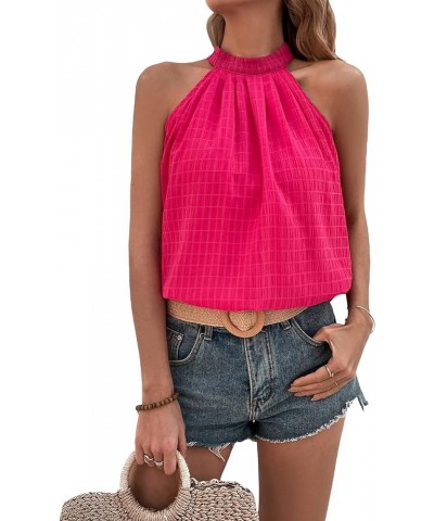 Women's Leopard Print Halter Top Shirt Casual Button Sleeveless Vest Hot Pink Solid $9.89 Vests