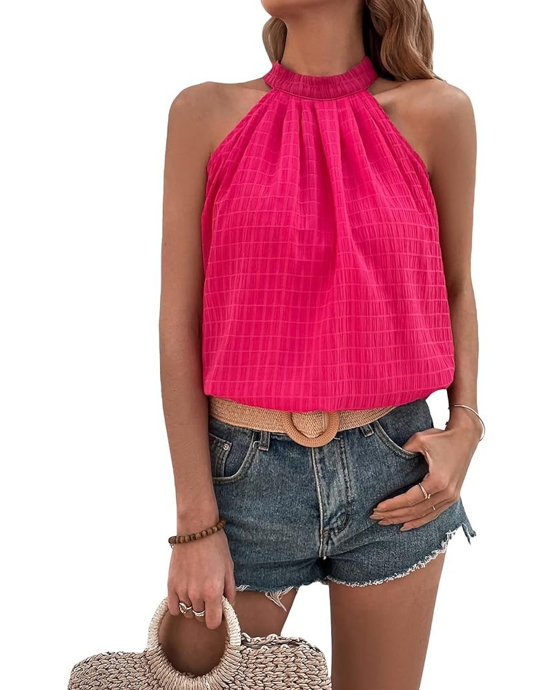 Women's Leopard Print Halter Top Shirt Casual Button Sleeveless Vest Hot Pink Solid $9.89 Vests