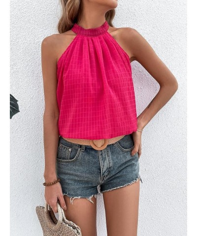 Women's Leopard Print Halter Top Shirt Casual Button Sleeveless Vest Hot Pink Solid $9.89 Vests