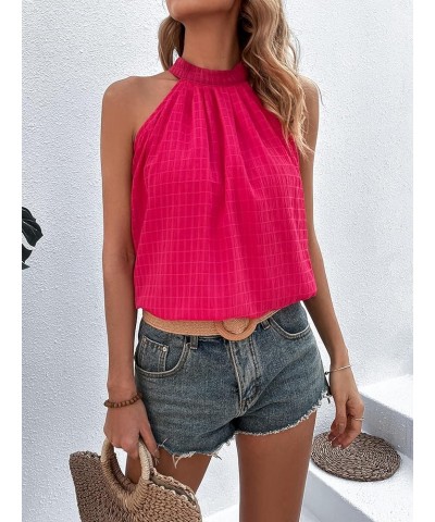 Women's Leopard Print Halter Top Shirt Casual Button Sleeveless Vest Hot Pink Solid $9.89 Vests