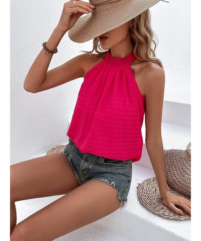 Women's Leopard Print Halter Top Shirt Casual Button Sleeveless Vest Hot Pink Solid $9.89 Vests