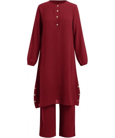 Muslim Clothes for Women Modest Abaya Button Down Robe Afghan Loose Pant Dubai Attire Islamic Plus Size Boho Caftan Wine Red ...