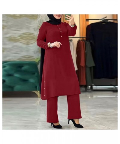 Muslim Clothes for Women Modest Abaya Button Down Robe Afghan Loose Pant Dubai Attire Islamic Plus Size Boho Caftan Wine Red ...