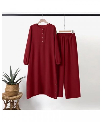 Muslim Clothes for Women Modest Abaya Button Down Robe Afghan Loose Pant Dubai Attire Islamic Plus Size Boho Caftan Wine Red ...