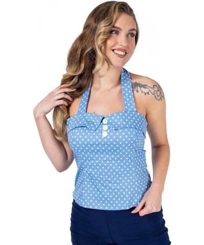 Halter Neck Women's Top - Polka Dot Olivia Ladies Blouse - Retro 1950s Ladies Top for Women Sky Blue $14.31 Blouses