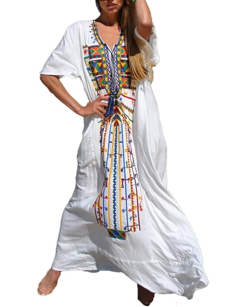 Caftans for Women Plus Size Embroidery Side Split Swimsuit Cover Up Kaftan Dress E-white $14.51 Swimsuits