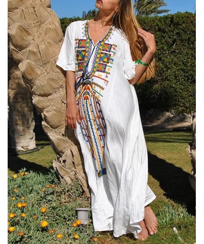 Caftans for Women Plus Size Embroidery Side Split Swimsuit Cover Up Kaftan Dress E-white $14.51 Swimsuits