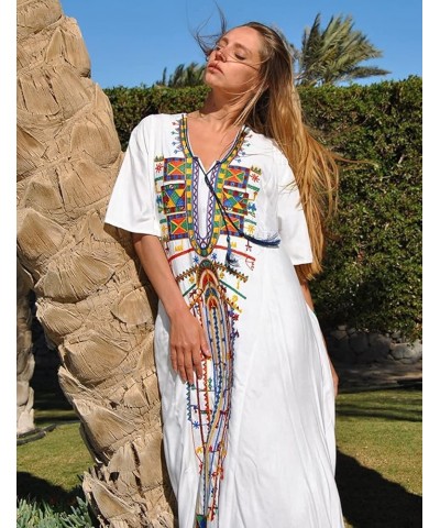 Caftans for Women Plus Size Embroidery Side Split Swimsuit Cover Up Kaftan Dress E-white $14.51 Swimsuits