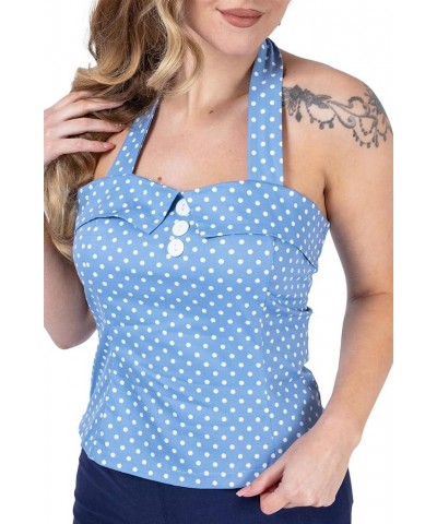 Halter Neck Women's Top - Polka Dot Olivia Ladies Blouse - Retro 1950s Ladies Top for Women Sky Blue $14.31 Blouses