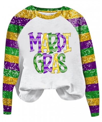 Mardi Gras Shirts for Women Sequin Printed Round Neck Mask Tops 2024 Carnival Long Sleeve Raglan Basic Blouse 05light Purple ...