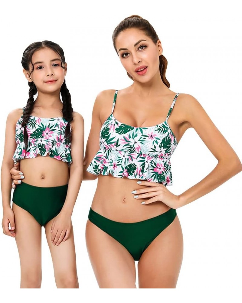 Mommy and Me Swimsuit Color Cute Ruffle Family Matching Swimwear Two Pieces Bikini Bathing Suit Summer Beachwear Dark Green L...