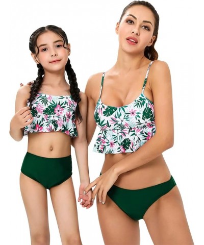 Mommy and Me Swimsuit Color Cute Ruffle Family Matching Swimwear Two Pieces Bikini Bathing Suit Summer Beachwear Dark Green L...