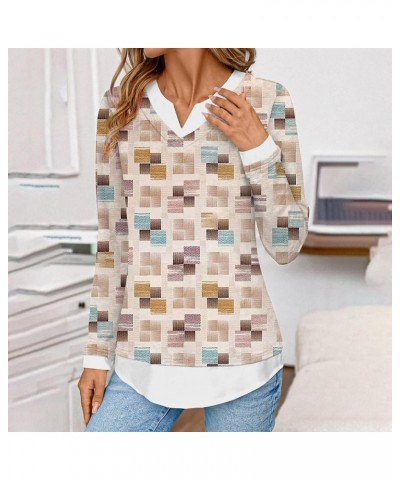 Women's Casual Notch V Neck Pullover Tunic Tops Curved Hem Color Block Shirts Long Sleeve Blouses R24-coffee $11.39 Tops