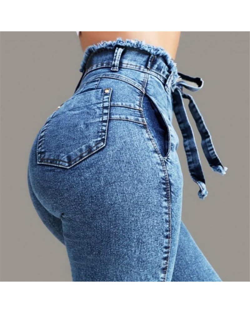 High Waist Jeans for Women Slim Stretch Denim Jean Bodycon Tassel Belt Bandage Skinny Push Up Jeans Woman Light Blue M Large ...