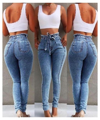 High Waist Jeans for Women Slim Stretch Denim Jean Bodycon Tassel Belt Bandage Skinny Push Up Jeans Woman Light Blue M Large ...