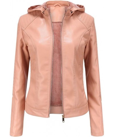 Womens Slim Tailoring Faux Leather PU Short Jacket Coat Moto Biker Hooded Fleece Lined Faux Leather Jacket Pink $18.89 Coats