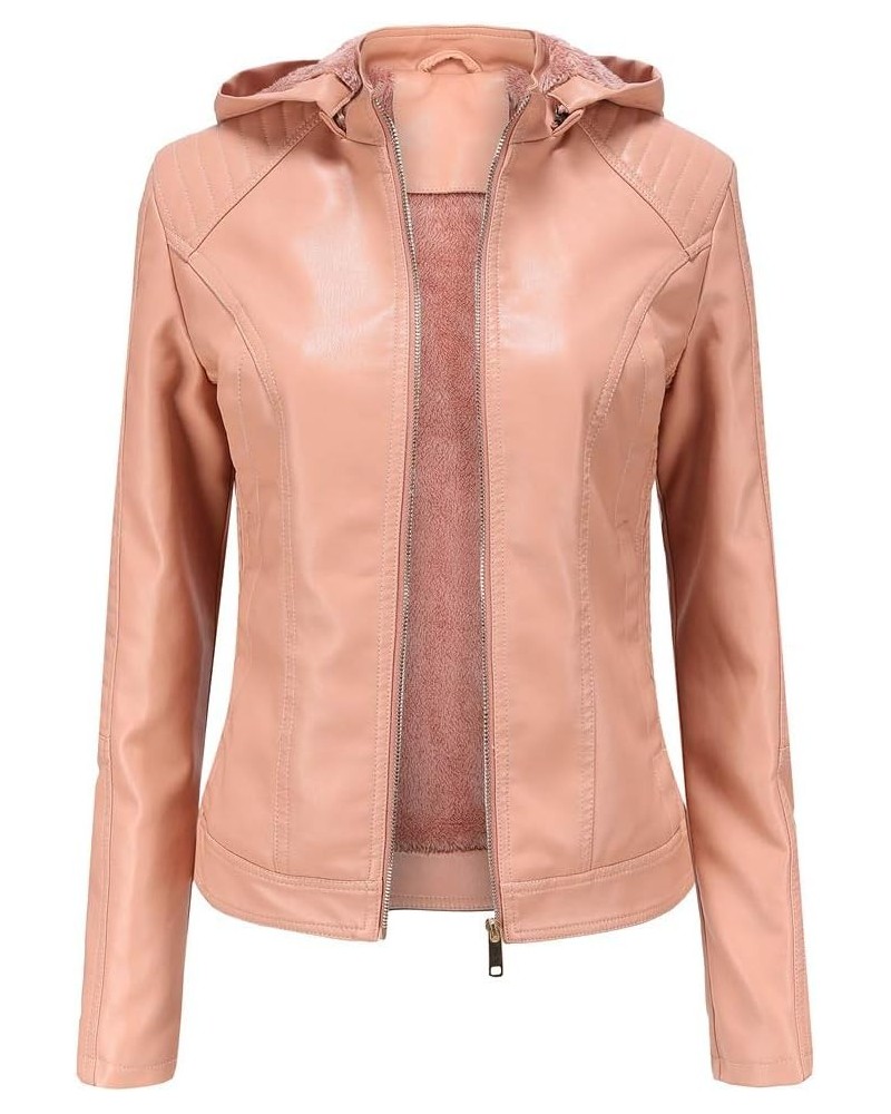 Womens Slim Tailoring Faux Leather PU Short Jacket Coat Moto Biker Hooded Fleece Lined Faux Leather Jacket Pink $18.89 Coats