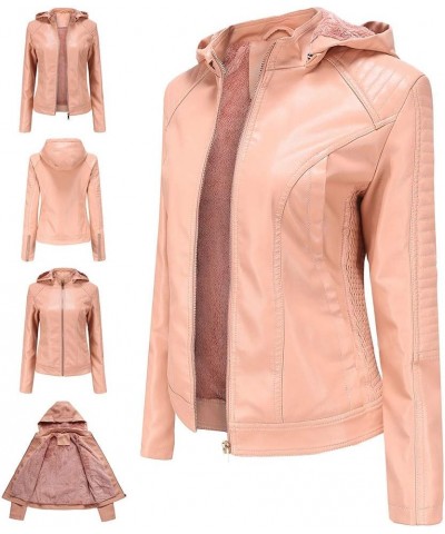 Womens Slim Tailoring Faux Leather PU Short Jacket Coat Moto Biker Hooded Fleece Lined Faux Leather Jacket Pink $18.89 Coats