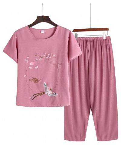 Floral Print Pajamas Sets for Women Plus Size Sleepwear Short Sleeve Vintage Boho Tops with Pants 2 Piece Lounge Set Pink $8....