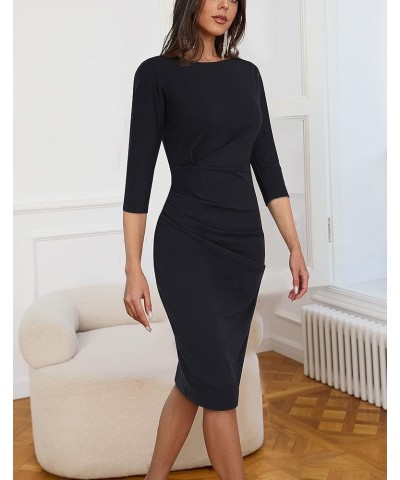 Women's Retro Elegant Round Neck Ruched Slim Fit Business Sheath Dress B717 Black $16.92 Dresses