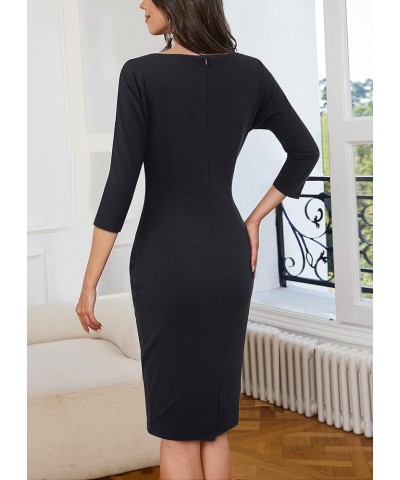 Women's Retro Elegant Round Neck Ruched Slim Fit Business Sheath Dress B717 Black $16.92 Dresses