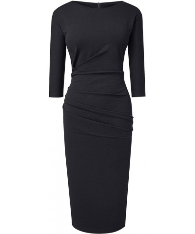 Women's Retro Elegant Round Neck Ruched Slim Fit Business Sheath Dress B717 Black $16.92 Dresses