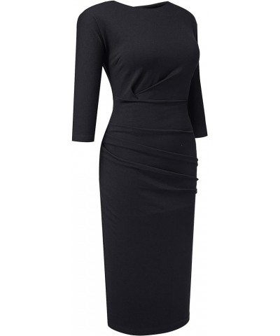 Women's Retro Elegant Round Neck Ruched Slim Fit Business Sheath Dress B717 Black $16.92 Dresses