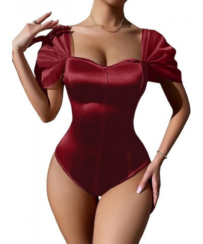 Women Sweetheart Neckline Bodysuit with Puff Sleeves Going Out Satin Top Burgundy $11.75 Bodysuits