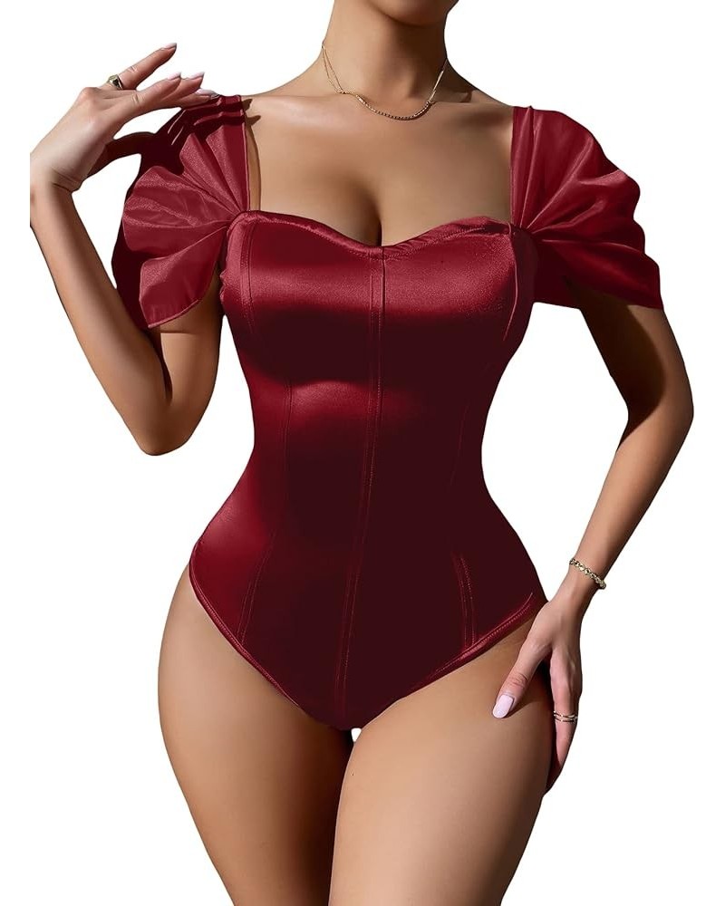 Women Sweetheart Neckline Bodysuit with Puff Sleeves Going Out Satin Top Burgundy $11.75 Bodysuits