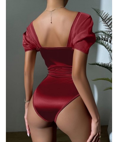 Women Sweetheart Neckline Bodysuit with Puff Sleeves Going Out Satin Top Burgundy $11.75 Bodysuits