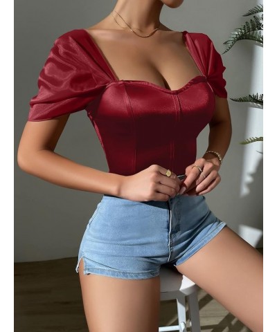 Women Sweetheart Neckline Bodysuit with Puff Sleeves Going Out Satin Top Burgundy $11.75 Bodysuits