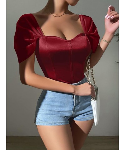 Women Sweetheart Neckline Bodysuit with Puff Sleeves Going Out Satin Top Burgundy $11.75 Bodysuits