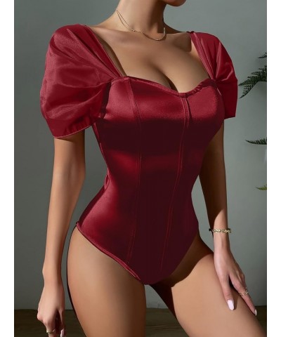 Women Sweetheart Neckline Bodysuit with Puff Sleeves Going Out Satin Top Burgundy $11.75 Bodysuits