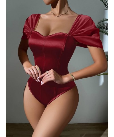 Women Sweetheart Neckline Bodysuit with Puff Sleeves Going Out Satin Top Burgundy $11.75 Bodysuits