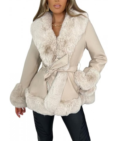 Women Winter Faux Fur Coat Long Sleeve Fleece Open Front Cropped Jacket Shaggy Warm Outwear 3-beige $21.15 Coats