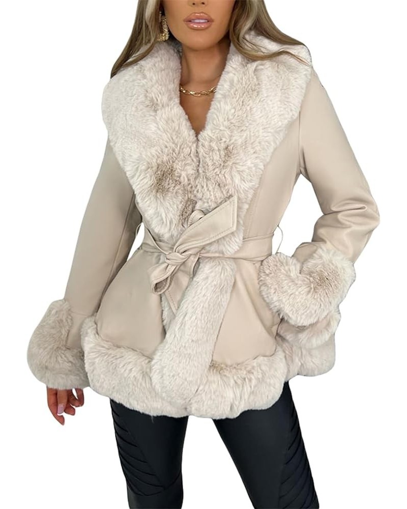 Women Winter Faux Fur Coat Long Sleeve Fleece Open Front Cropped Jacket Shaggy Warm Outwear 3-beige $21.15 Coats