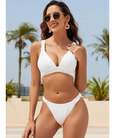 Women 2 Piece Swimsuits Spaghetti Strap Brazilian Bikini Ruched Swimsuit Bathing Suit White $12.74 Swimsuits