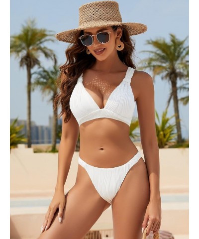 Women 2 Piece Swimsuits Spaghetti Strap Brazilian Bikini Ruched Swimsuit Bathing Suit White $12.74 Swimsuits