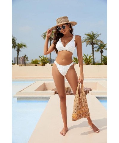 Women 2 Piece Swimsuits Spaghetti Strap Brazilian Bikini Ruched Swimsuit Bathing Suit White $12.74 Swimsuits