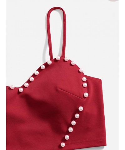 Women's Pearls Sleeveless Asymmetrical Hem Crop Cami Top Sexy Camisole Burgundy $13.23 Tanks