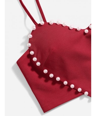 Women's Pearls Sleeveless Asymmetrical Hem Crop Cami Top Sexy Camisole Burgundy $13.23 Tanks