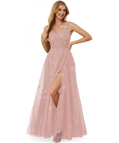 Sparkly Tulle Prom Dresses Long Ball Gowns for Women 2024 Spaghetti Straps Lace Appliques Corset Formal Wedding Dress Blush $...