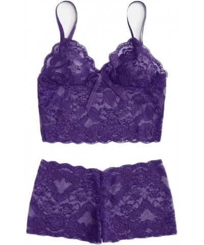 Women's Cami Top and Shorts Pajama Set Sexy 2 Piece Sexy Lingerie Set for Women Naughty Lace Camisole Top Soft Purple $8.25 S...