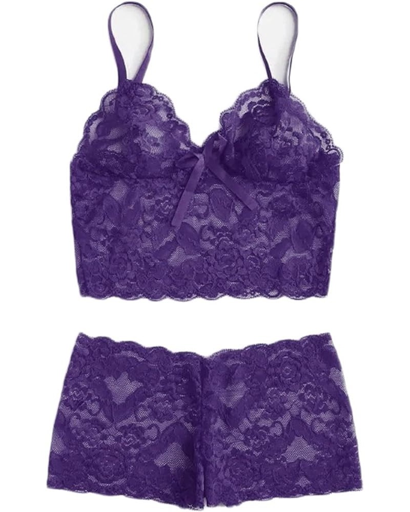 Women's Cami Top and Shorts Pajama Set Sexy 2 Piece Sexy Lingerie Set for Women Naughty Lace Camisole Top Soft Purple $8.25 S...