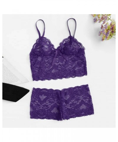 Women's Cami Top and Shorts Pajama Set Sexy 2 Piece Sexy Lingerie Set for Women Naughty Lace Camisole Top Soft Purple $8.25 S...