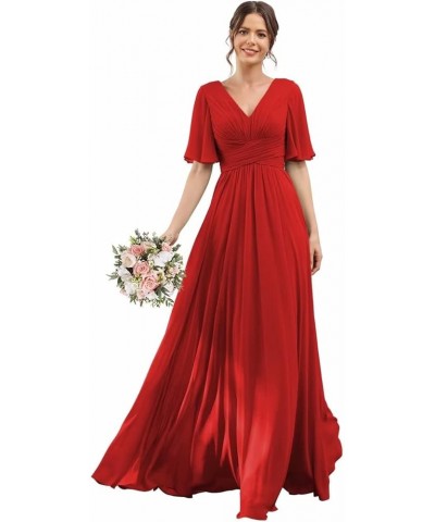 V-Neck Flutter Sleeve Bridesmaid Dress for Wedding with Pockets A-Line Long Chiffon Formal Party Dresses with Slit YO003 Red ...