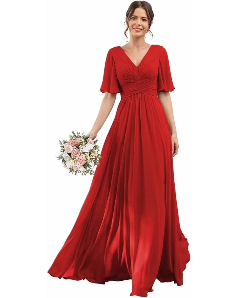 V-Neck Flutter Sleeve Bridesmaid Dress for Wedding with Pockets A-Line Long Chiffon Formal Party Dresses with Slit YO003 Red ...