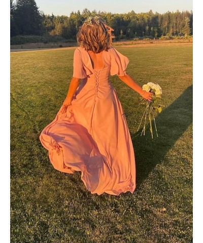 V-Neck Flutter Sleeve Bridesmaid Dress for Wedding with Pockets A-Line Long Chiffon Formal Party Dresses with Slit YO003 Red ...