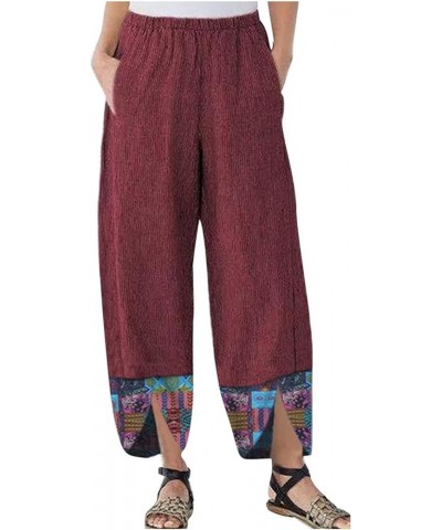 Casual Loose Cropped Pants for Women Cotton Linen Plus Size Elastic High Waist Pant Trousers with Pockets 08-wine $7.65 Pants