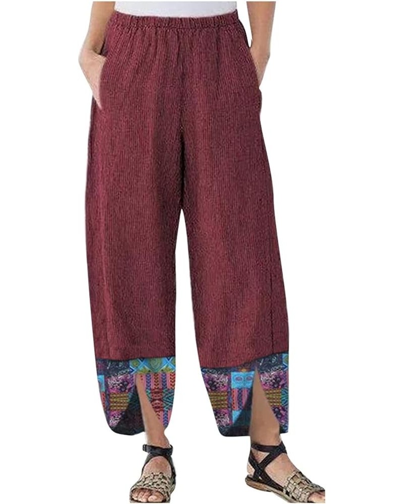 Casual Loose Cropped Pants for Women Cotton Linen Plus Size Elastic High Waist Pant Trousers with Pockets 08-wine $7.65 Pants